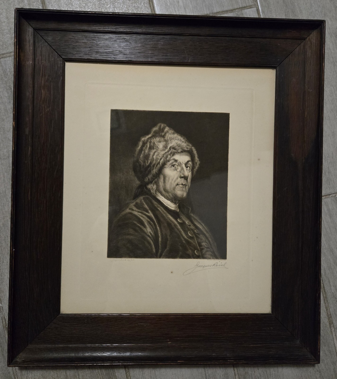 Framed Portrait print of Benjamin Franklin by engraver Jacques Reich 1902