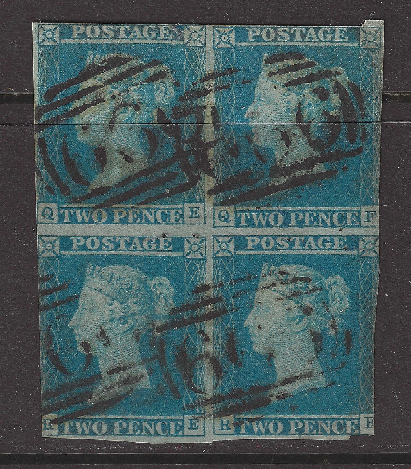 GB QV Block of 4 Sg 14 Es11 2d Blue Stamps Plate 3 CAT £1500 QF Shifted Transfer