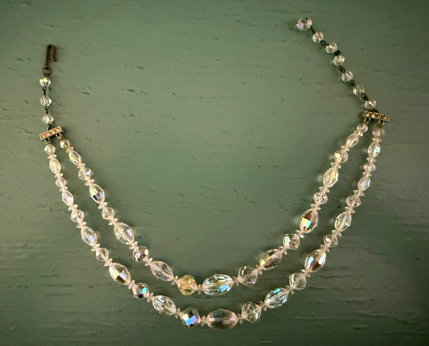 Vintage 50s/ 60s Aurora Borealis Crystal Necklace Double Strand Faceted AB Glass
