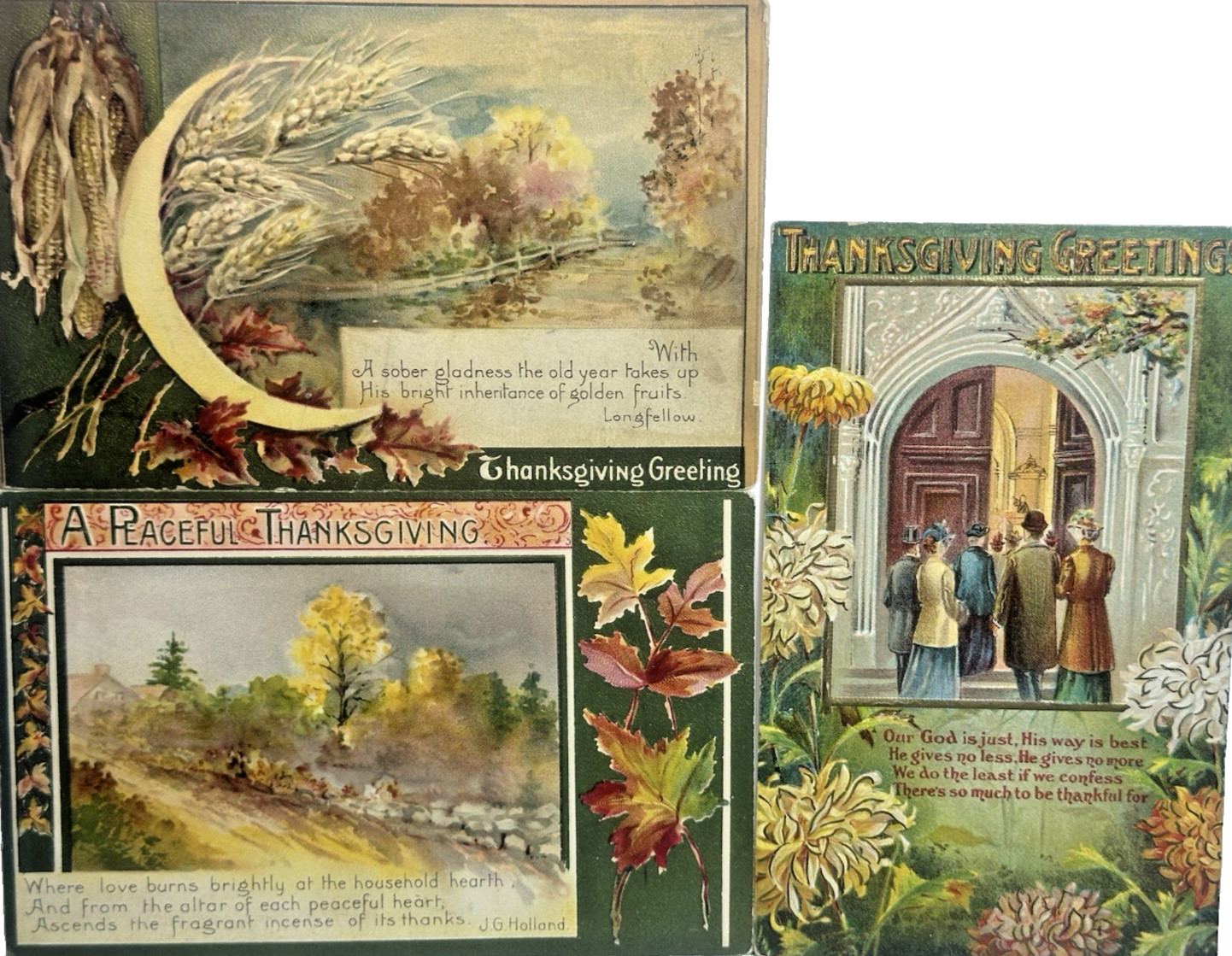 Thanksgiving Postcard Peaceful Sober Thankful Churchgoers Green Tones Lot 3 Thanksgiving Postcard Peaceful Sober Thankful Churchgoers Green Tones Lot 3