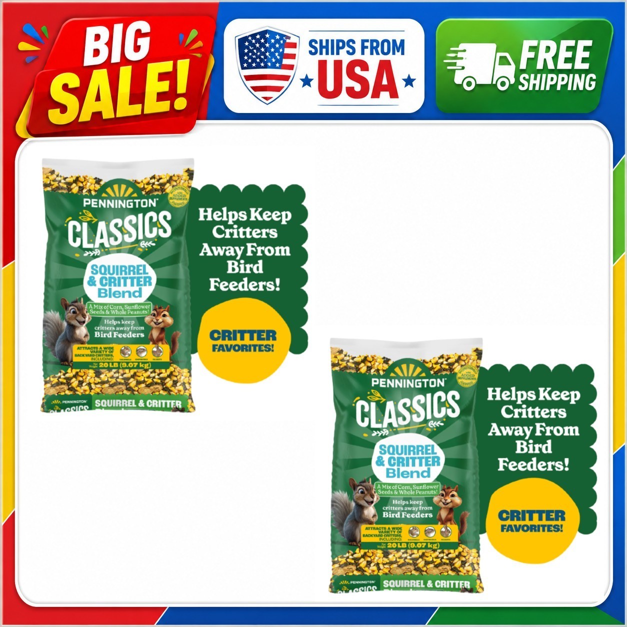 2 Pack Pennington Classics Squirrel & Critter Blend Wildlife Food, 20 Pounds
