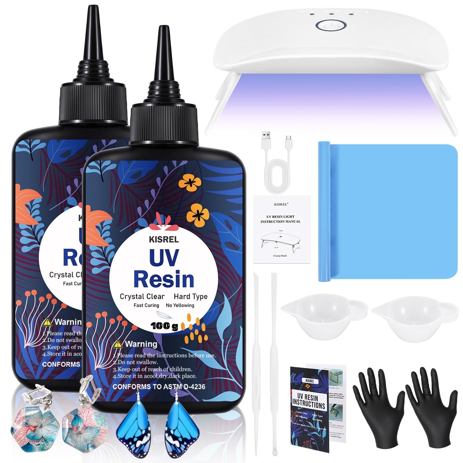 KISREL UV Resin Kit with Light, 200g Hard Type UV200g+8 Lamp Beads, clear