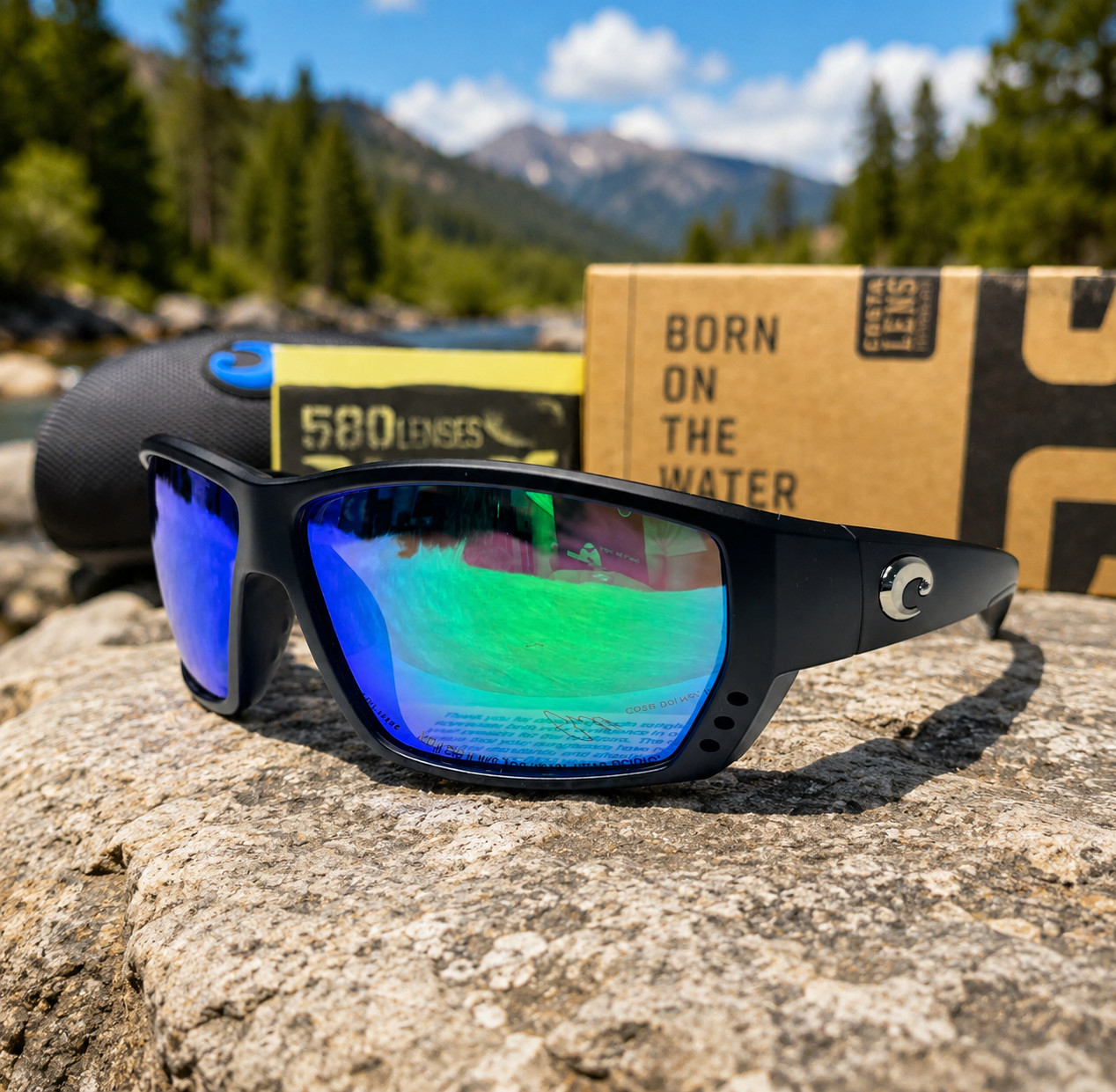 NEW Costa Del Mar Tuna Alley Black Frame Blue Mirror 580P Polarized Sunglasses