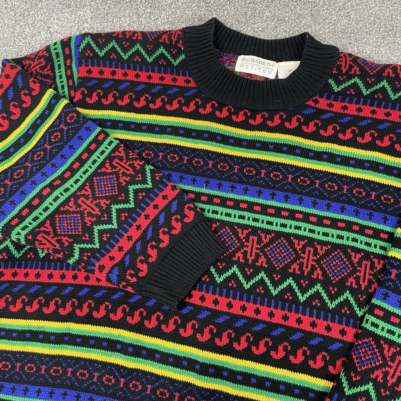 Vintage Elisabeth Sweater Womens 1P Petite Geometric Crewneck Abstract USA 90s
