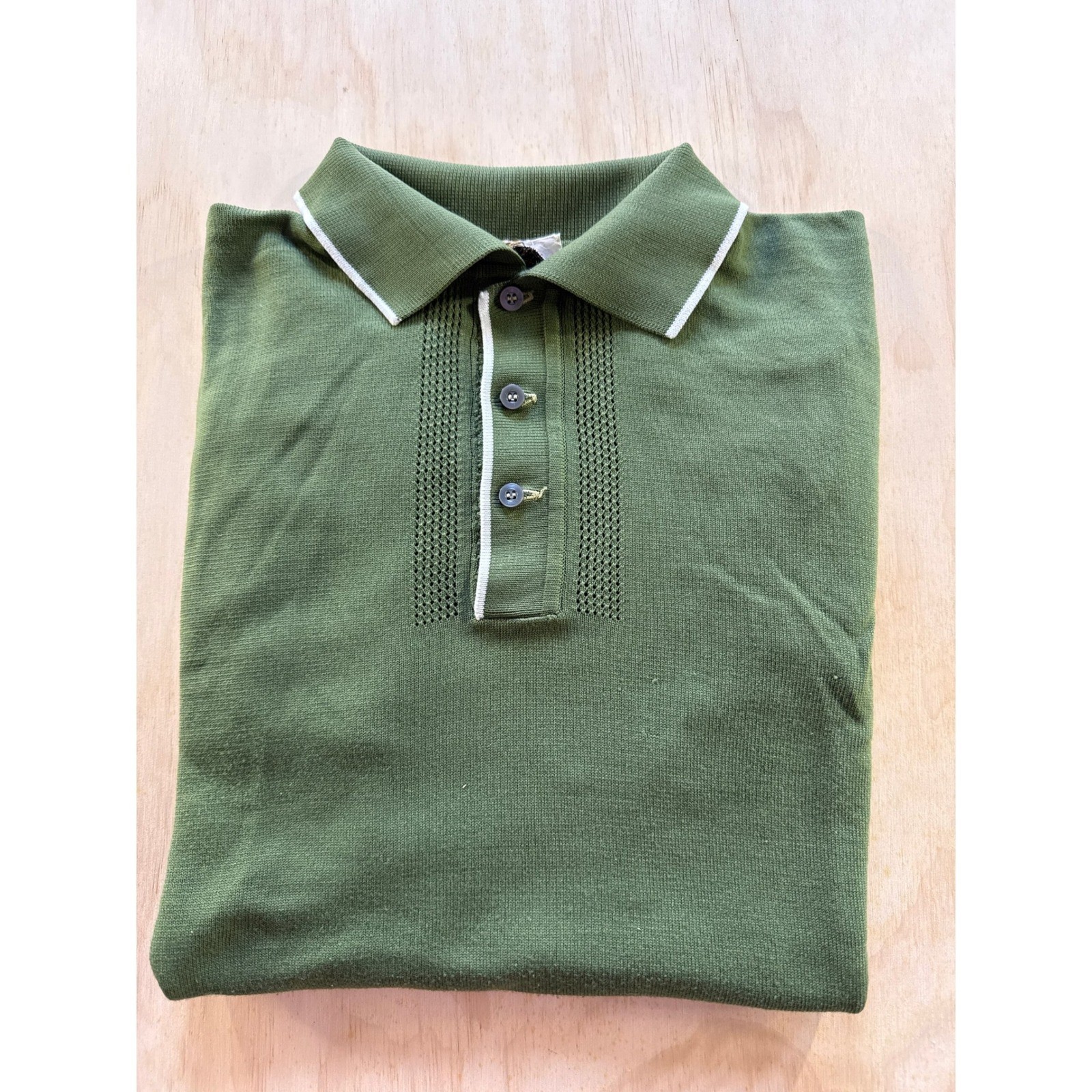 Vintage Penneys Towncraft Ban-Lon Knit Polo Shirt Green Mod Pointelle Mens M
