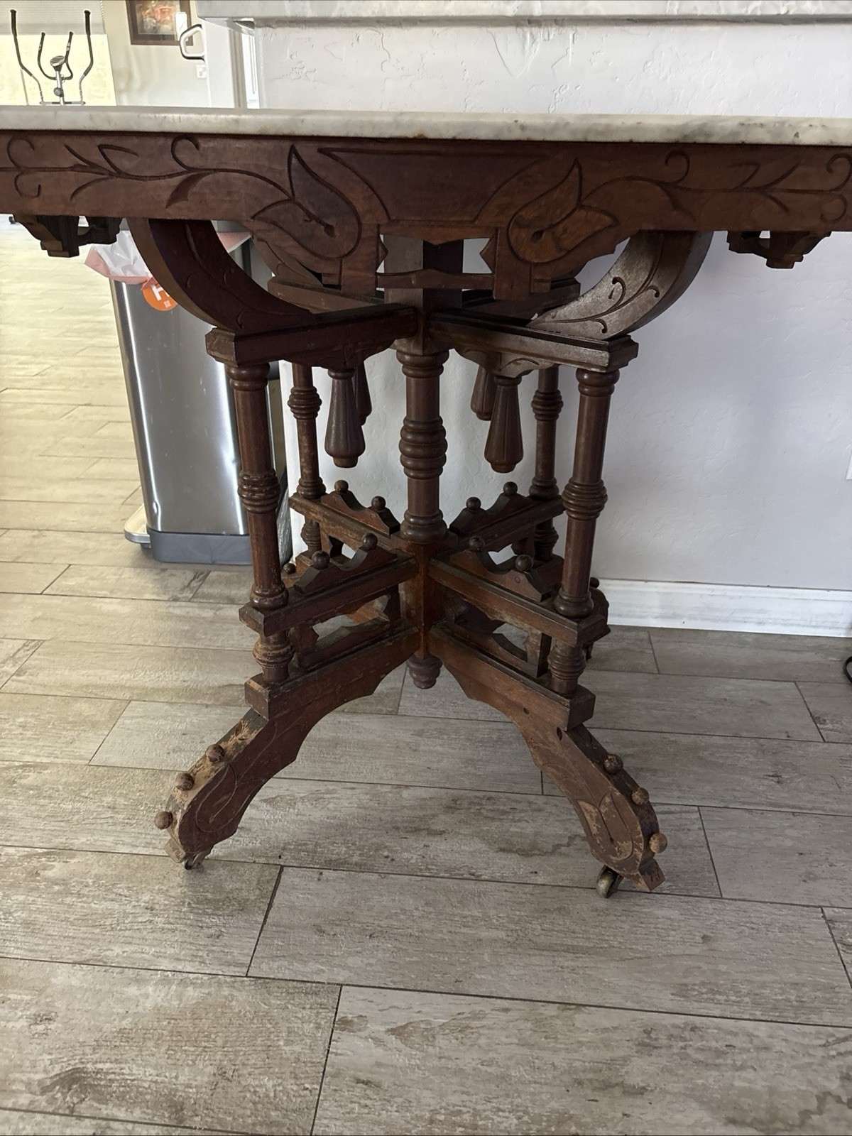 Antique Victorian Eastlake Walnut Marble Top Parlor Table Side Stand 19th  C