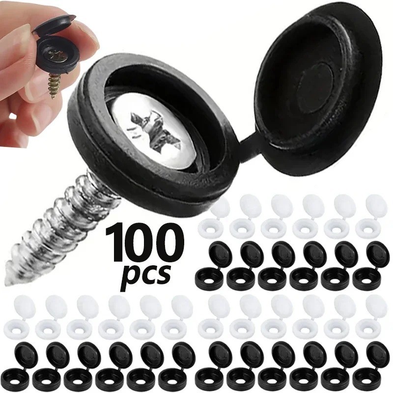 100 Pcs Black Hinged Screw Cover Caps – Snap Flip Tops w/ Washers Small 100 Pcs Black Hinged Screw Cover Caps – Snap Flip Tops w/ Washers Small