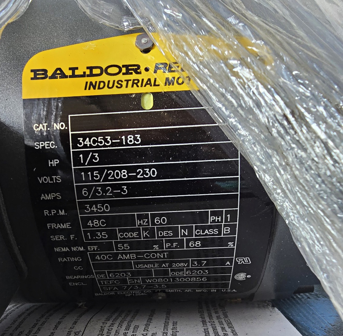 Baldor-Reliance 34C53-183 1/3HP 3450RPM 115/208-230V 1Ph TEFC Motor