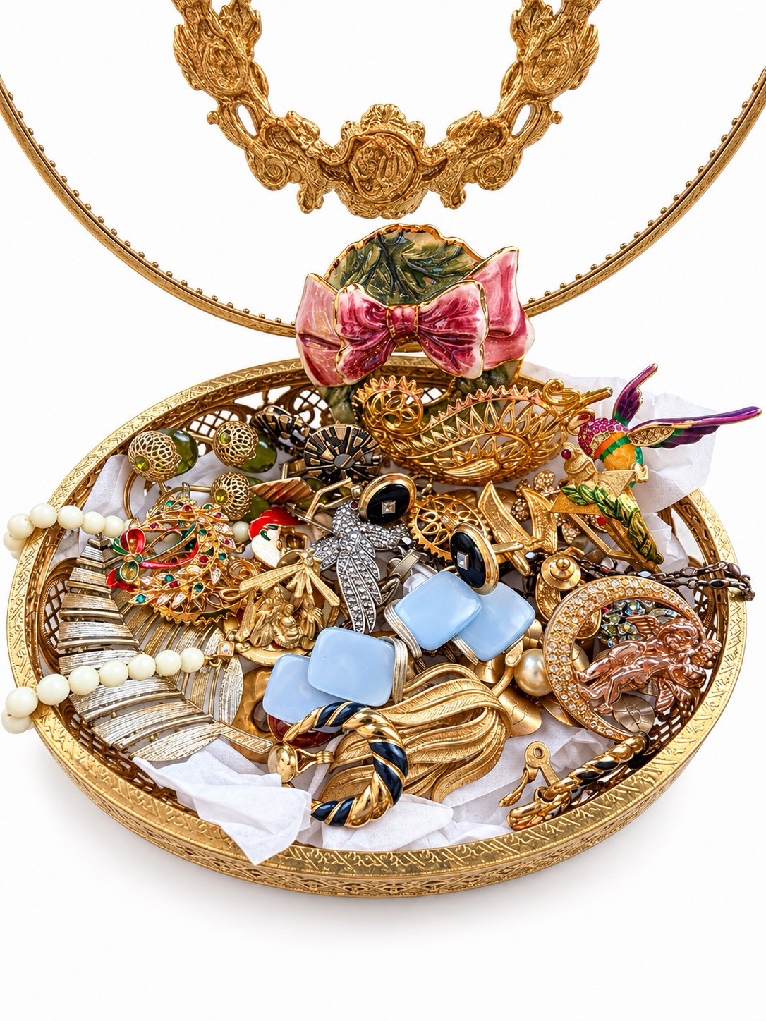 Vintage Costume Jewelry Lot Signed Vendome Coro Lisner Napier + Jewelry Box