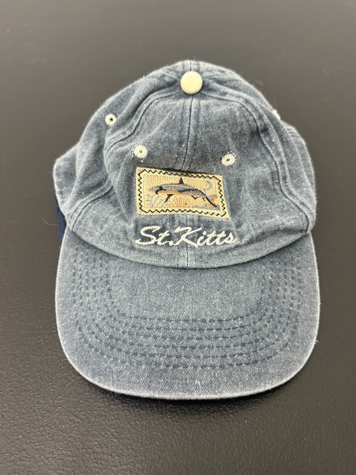 St Kitts Fishing Hat Embroidered Fish Blue Cotton Adjustable Baseball Cap