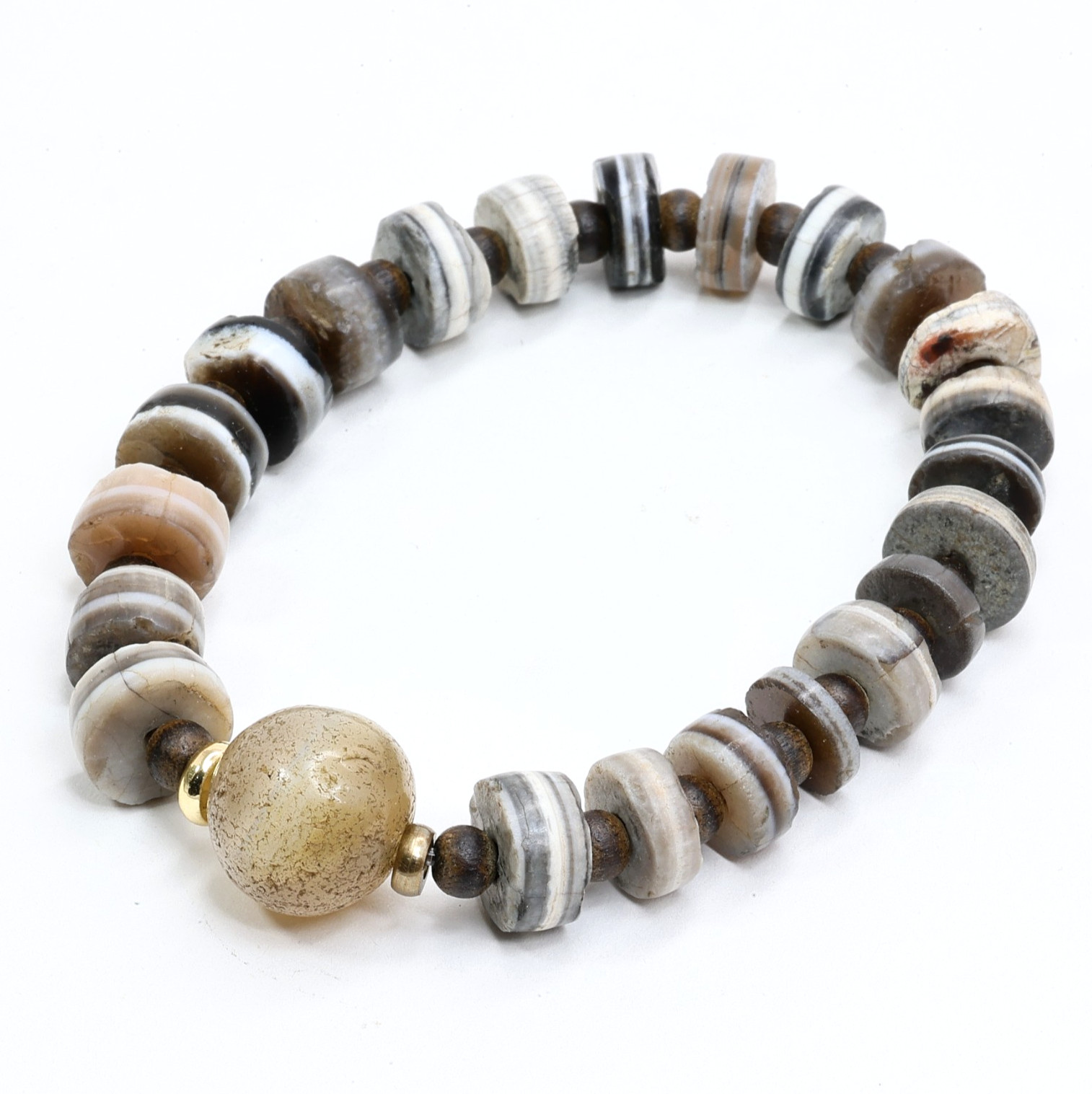 Authentic Ancient Old Himalayan Medicine Stripes Agate Stone dZi Bead Bracelet