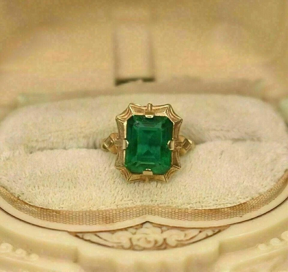 5.25 Ct Emerald Cut Natural Emerald & Diamond Wedding Ring 14K Yellow Gold