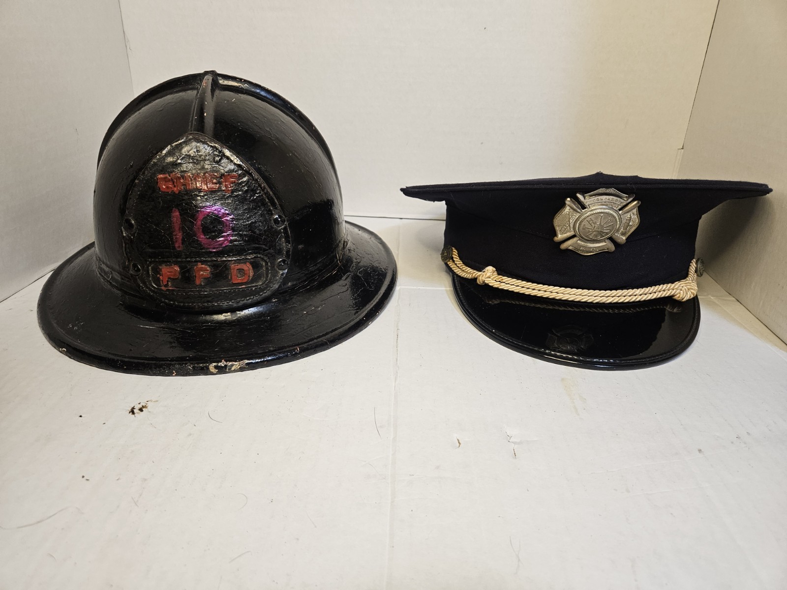Vintage Fireman's Helmet & Dress Uniform Hat From Pocomoke City F.D. Vintage Fireman's Helmet & Dress Uniform Hat From Pocomoke City F.D.