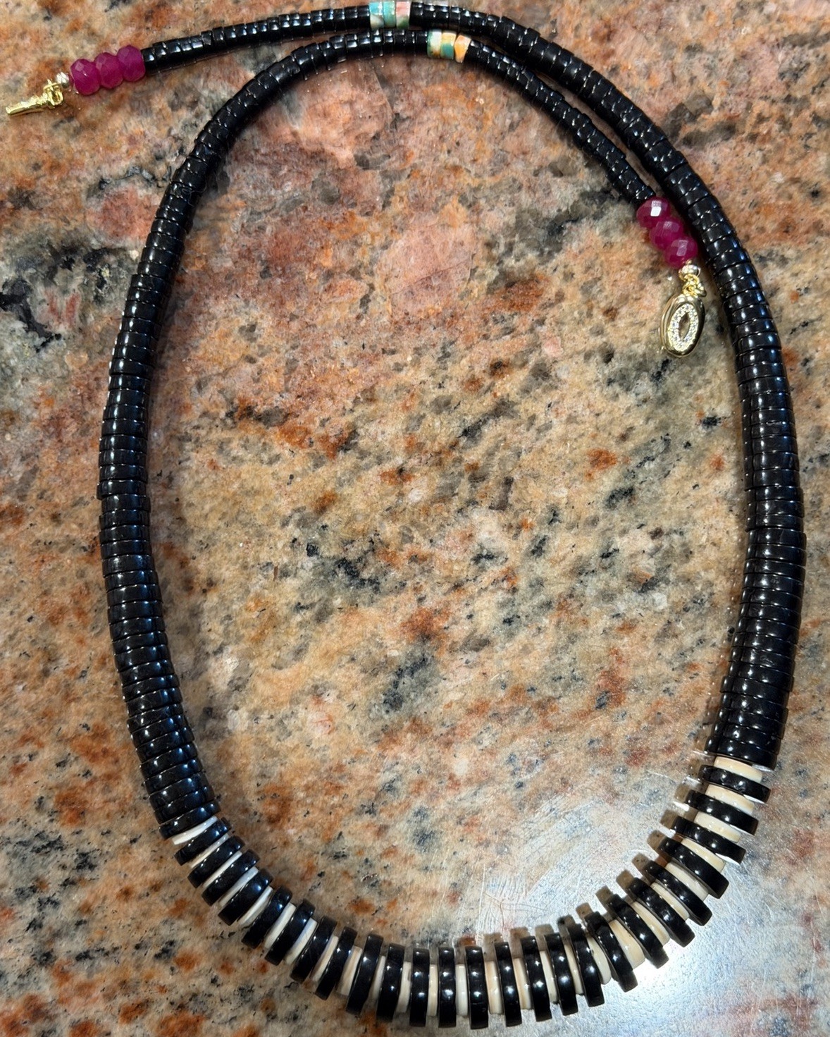 Native American Jet Gemstone Necklace, Inlaid Turquoise  & Spiny Oyster, Rubies