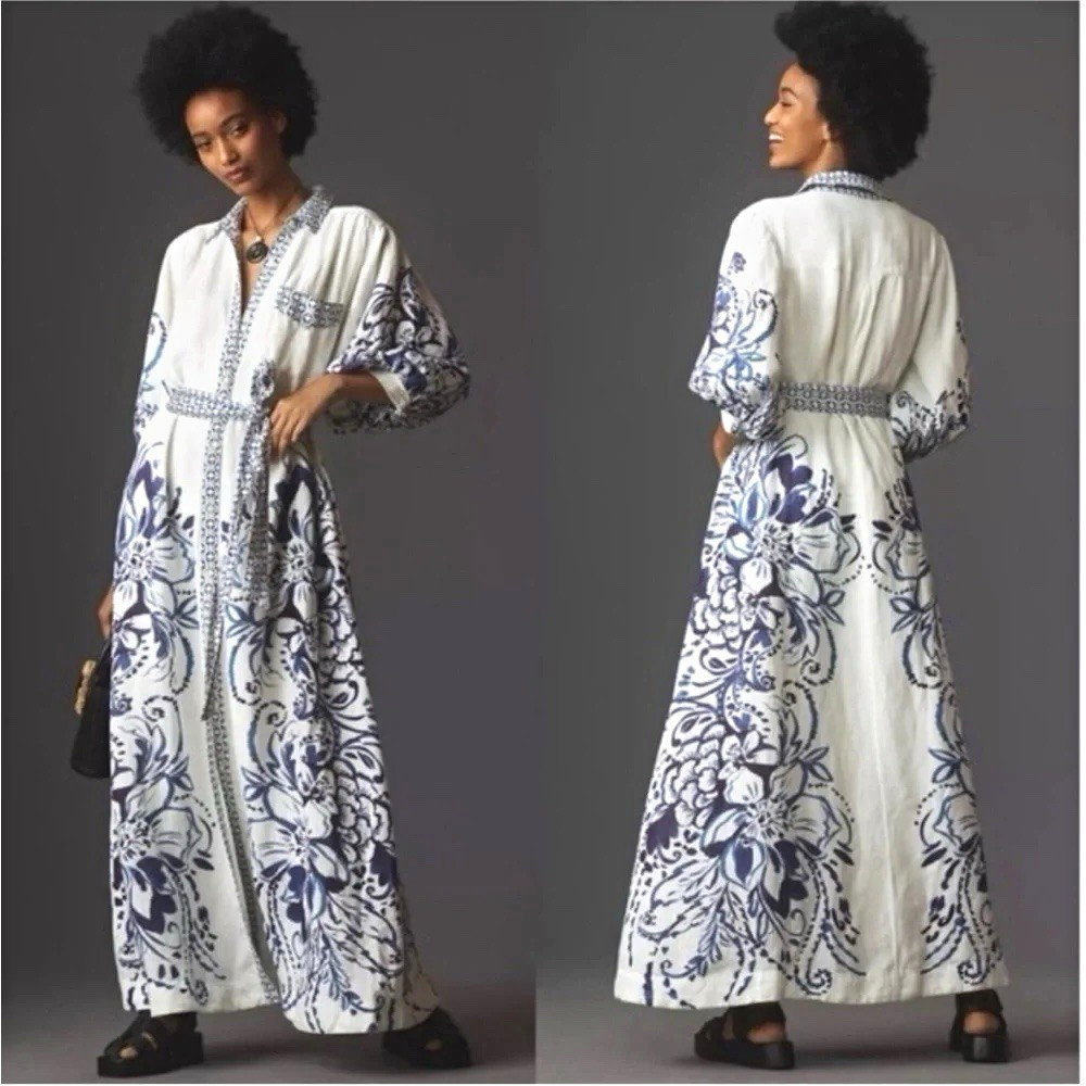 Anthropologie Maeve “The Irene” Linen Maxi Dress Floral (MEDIUM) EUC w/belt