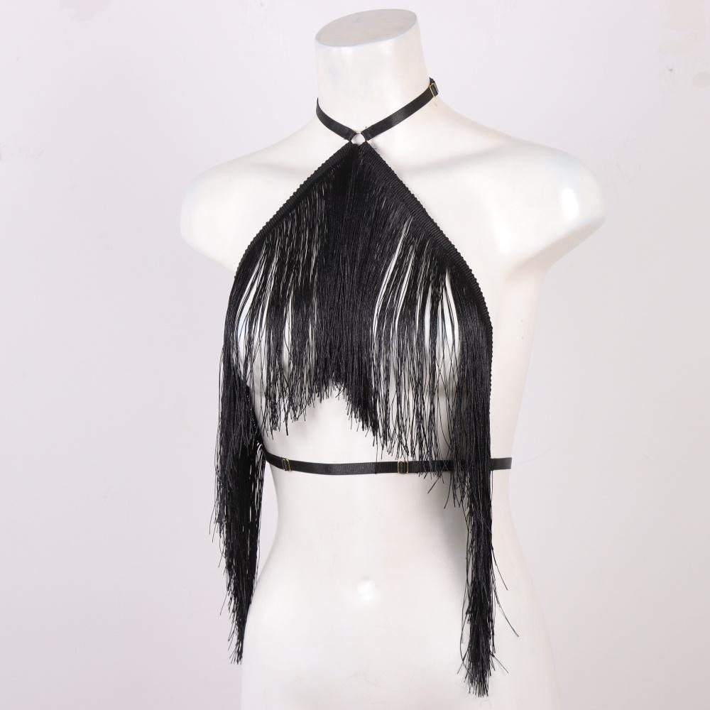 Womens Black Tassel Halter Top Adjustable Elastic Harness Casual All Season Wear Womens Black Tassel Halter Top Adjustable Elastic Harness Casual All Season Wear