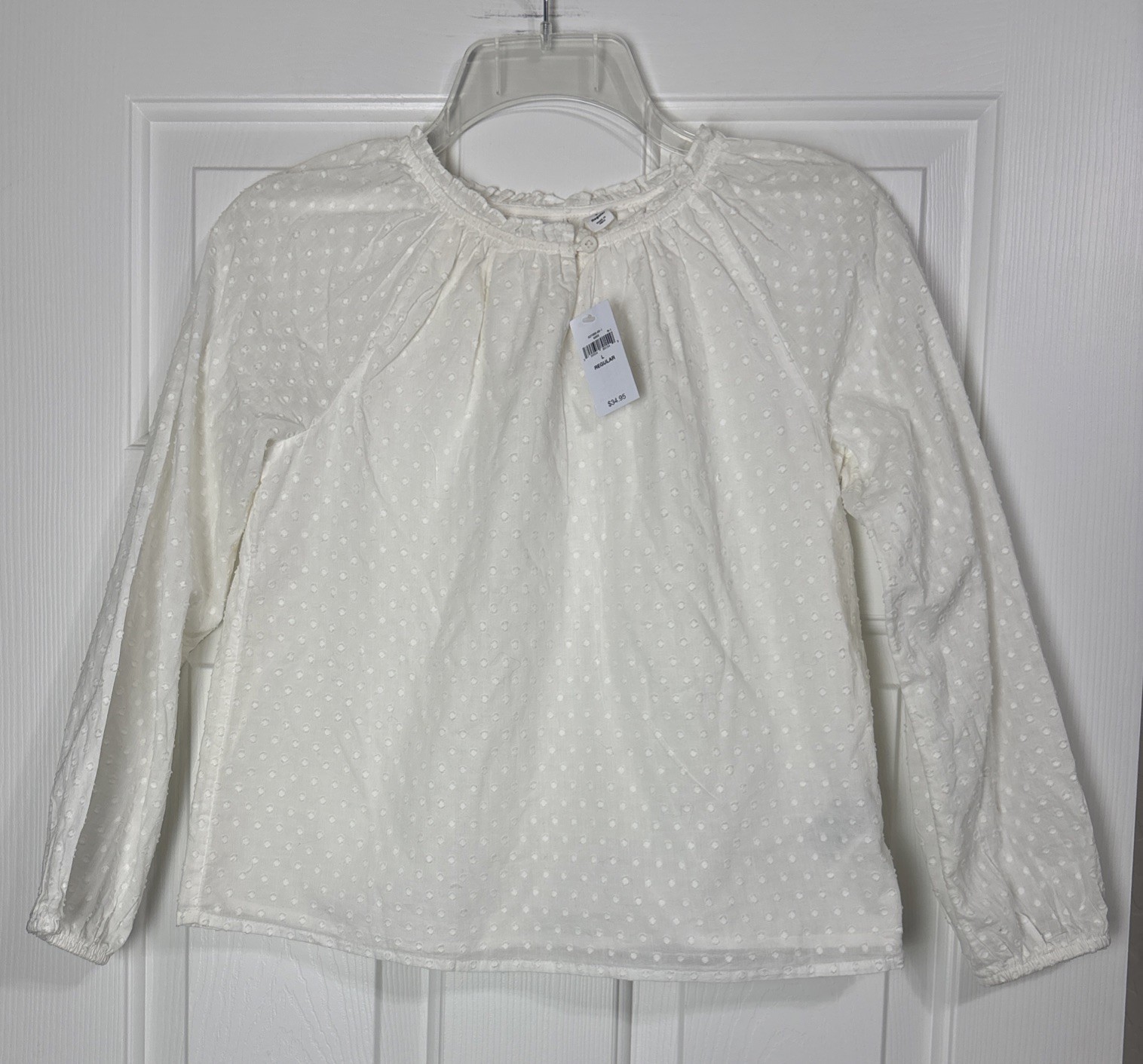 GAP Kids Girls Dotted Swiss Top Size Large Ivory Long Sleeves Ruffle Neck NWT