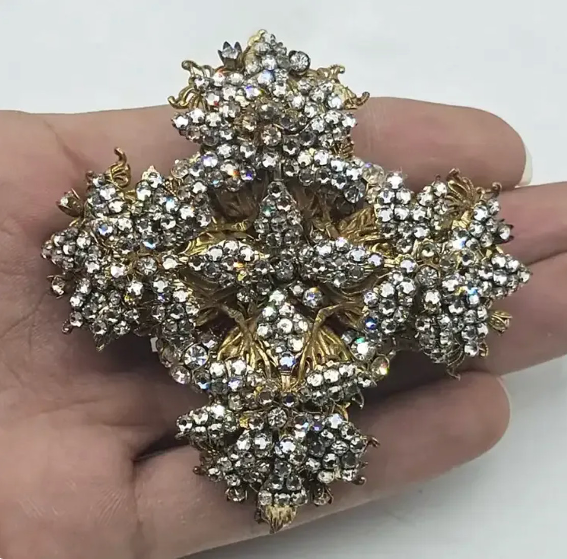 RARE Vintage Stanley Hagler NYC Maltese Cross Brooch Large Rhinestone Pin Signed