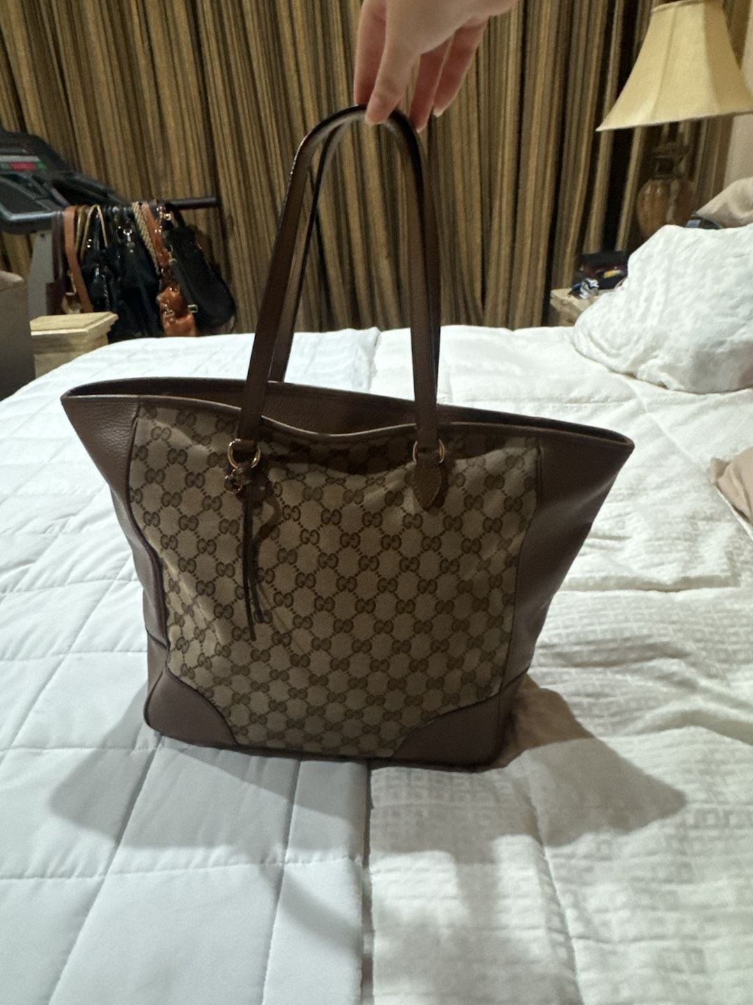 Gucci GG Canvas Bree Medium Tote Bag with Leather Trim