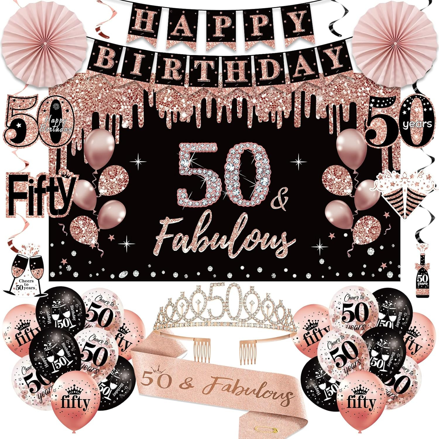 50Th Birthday Decorations for Women, Happy 50Th Birthday Banner Crown Sash |