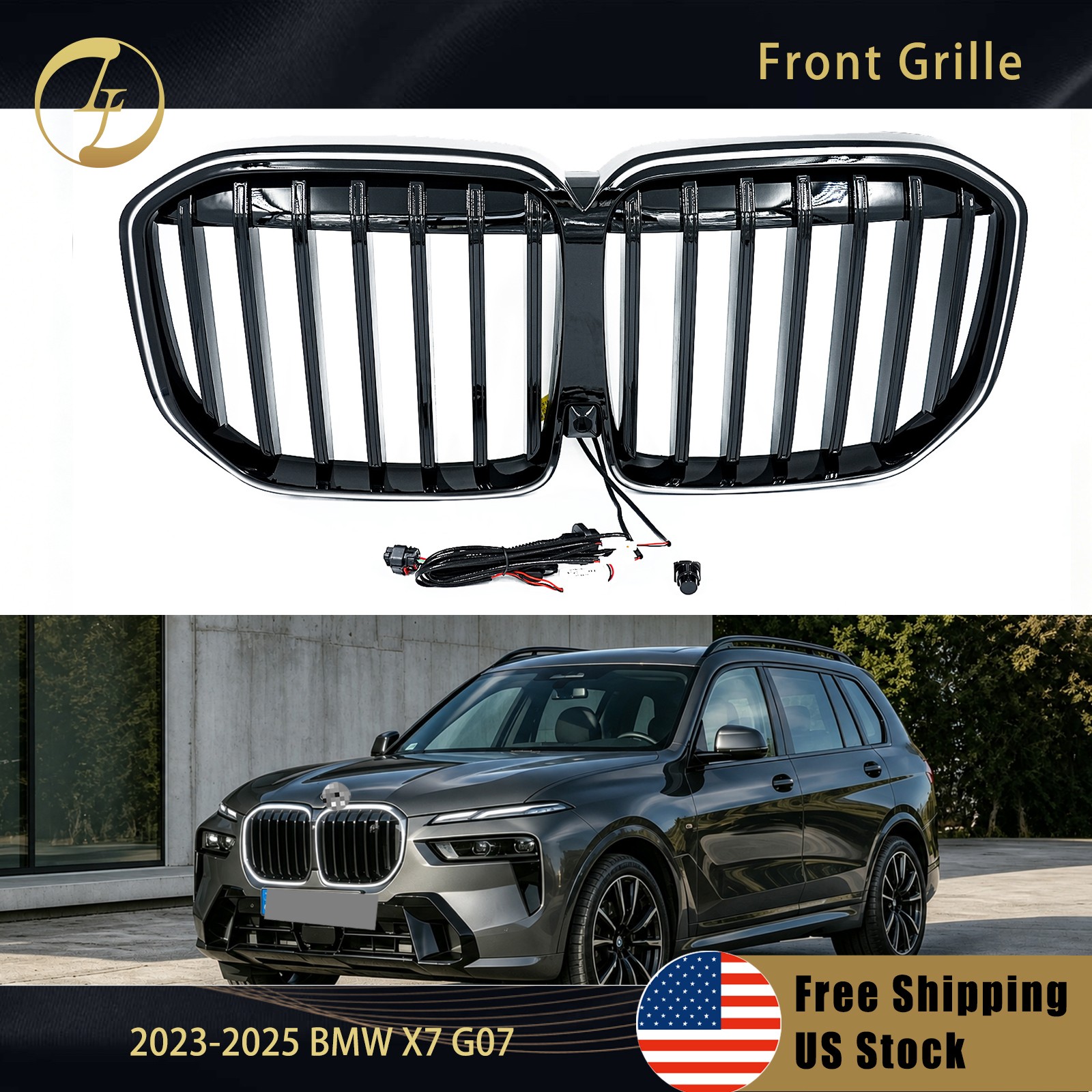 Front Bumper Grille Grill w/LED Single Line Gloss Black For 2023-2026 BMW X7 G07