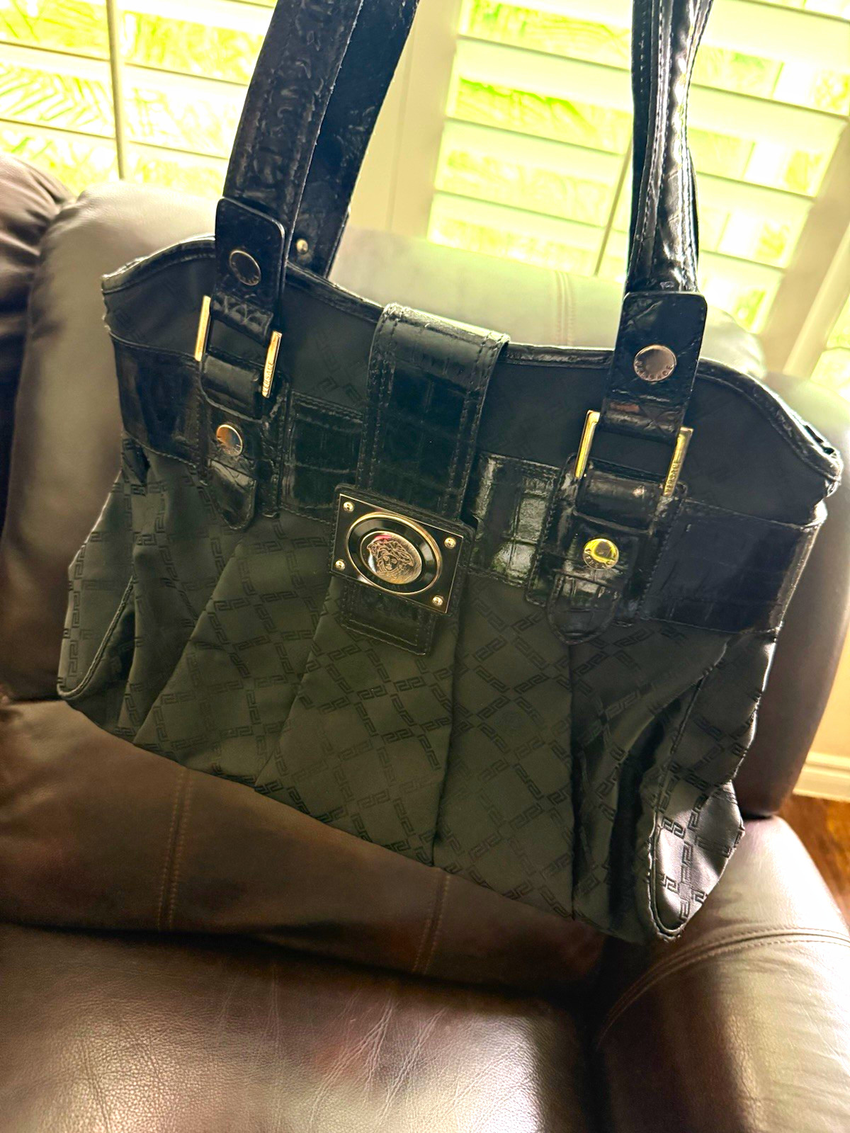 Versace Black Quilted Tote Bag Silver Hardware Zip Closure Double Handles Versace Black Quilted Tote Bag Silver Hardware Zip Closure Double Handles