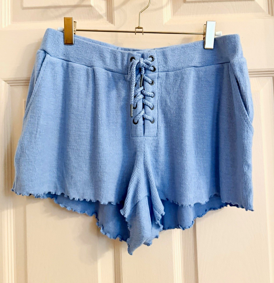 NWT Vintage Havana Blue Knit Cotton Lace-Up Shorts High Rise Size L