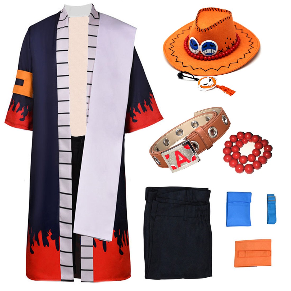 Cosplay Portgas D. Ace Costume Suit Coat Cloak Shorts Hat Belt Red Bead necklace