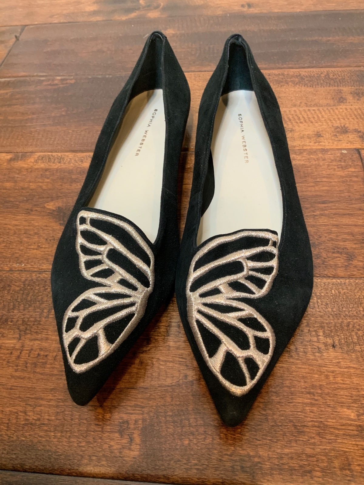Sophia Webster Black Suede Bibi Butterfly Embroidered Flats, Size 9.5 | 40