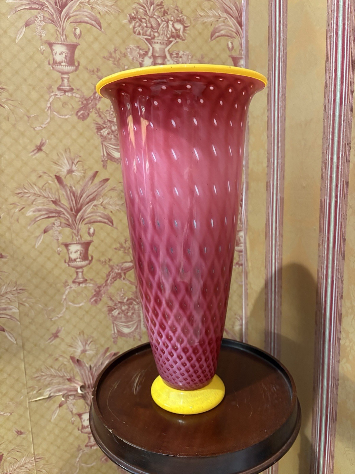Studio Art Glass Vase Hand Blown Pink /Yellow Lattice Pattern. With Provenance