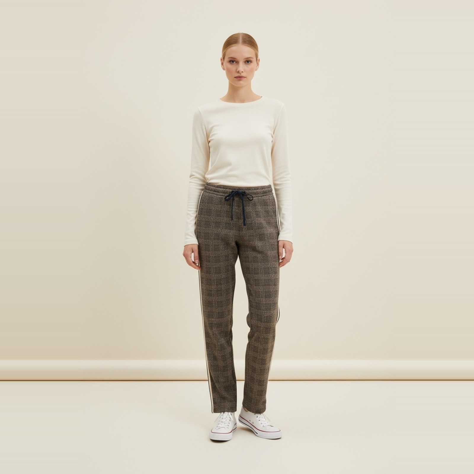 Mystree NWT Plaid Knit Track Pants Womens S Brown Cream Side Stripe Drawstring Mystree NWT Plaid Knit Track Pants Womens S Brown Cream Side Stripe Drawstring