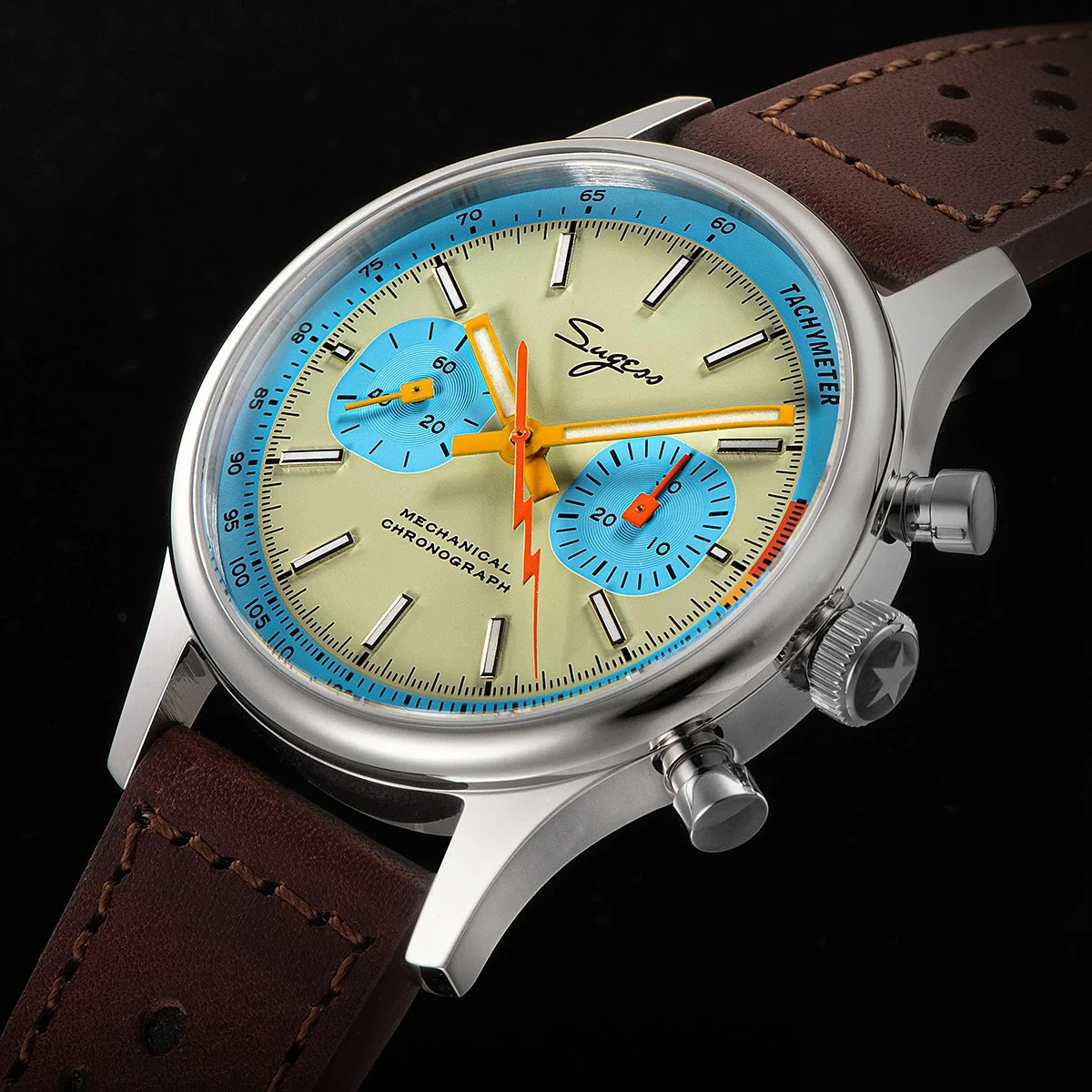 Sugess Pilot Watch 40mm ST19 Original Movement Teal Blue dial with Brown Leather