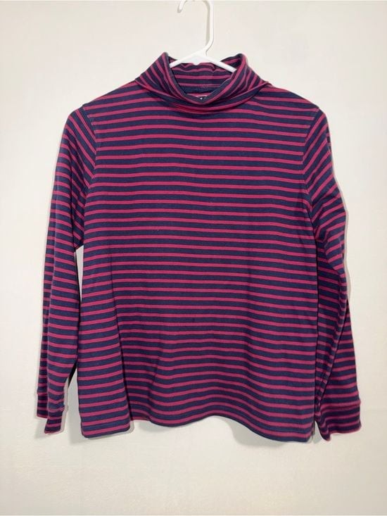 L.L. Bean Navy and Pink Striped Mock Neck Long Sleeve