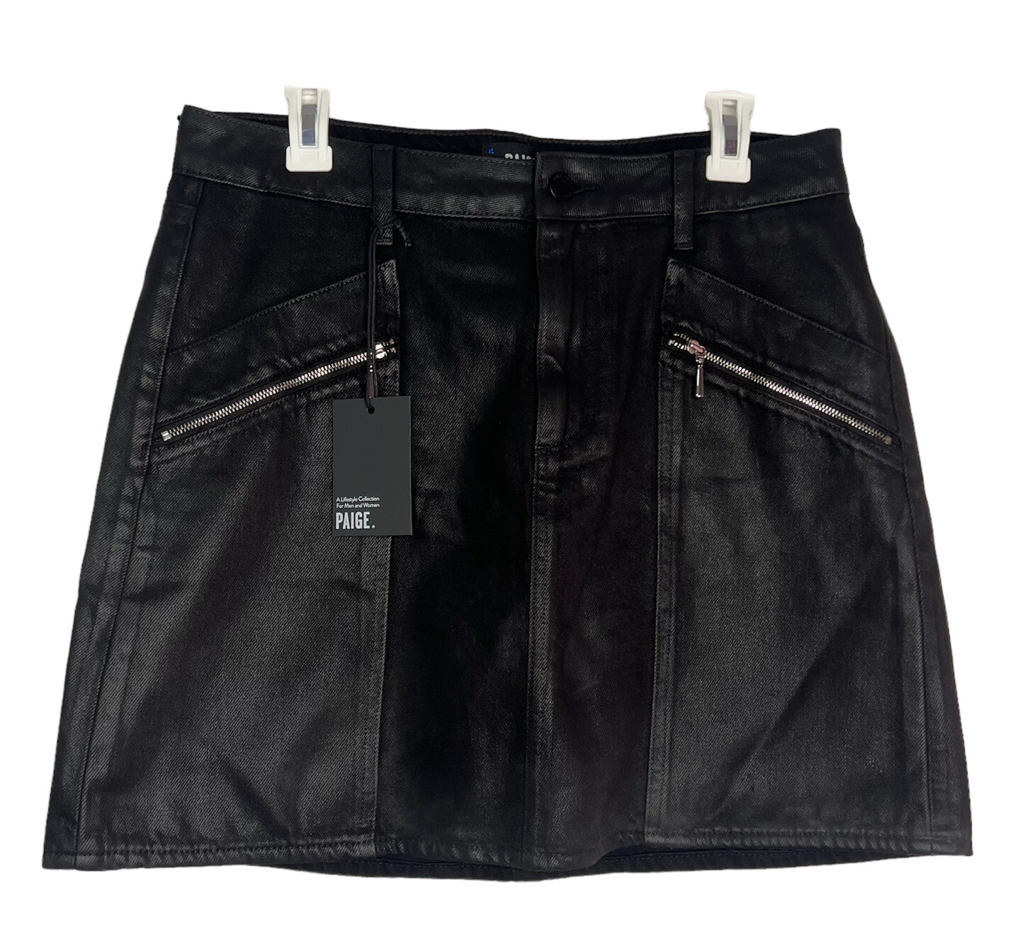 Paige Aideen High Rise Mini skirt Coated Black Sheen Zipper Pockets Size 31 Goth Paige Aideen High Rise Mini skirt Coated Black Sheen Zipper Pockets Size 31 Goth