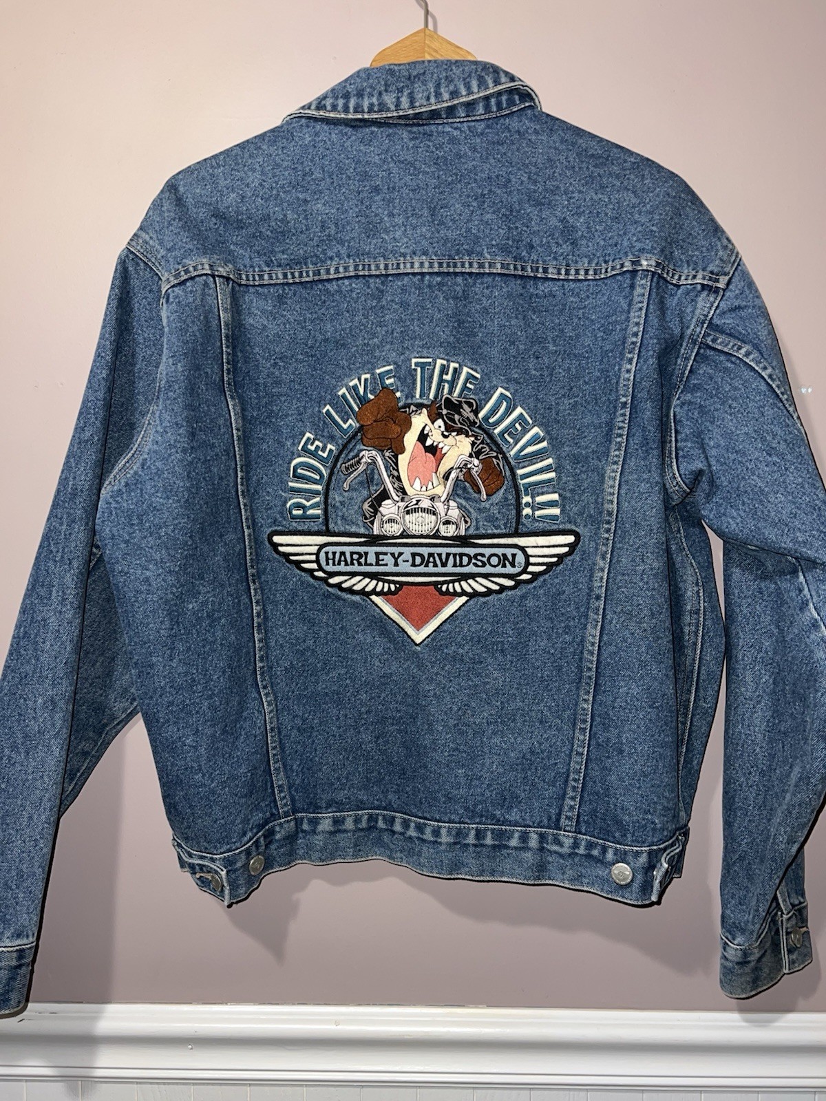 VINTAGE 2000 Y2K HARLEY DAVIDSON EMBROIDERED x TAZ LOONEY TUBES JEAN JACKET 