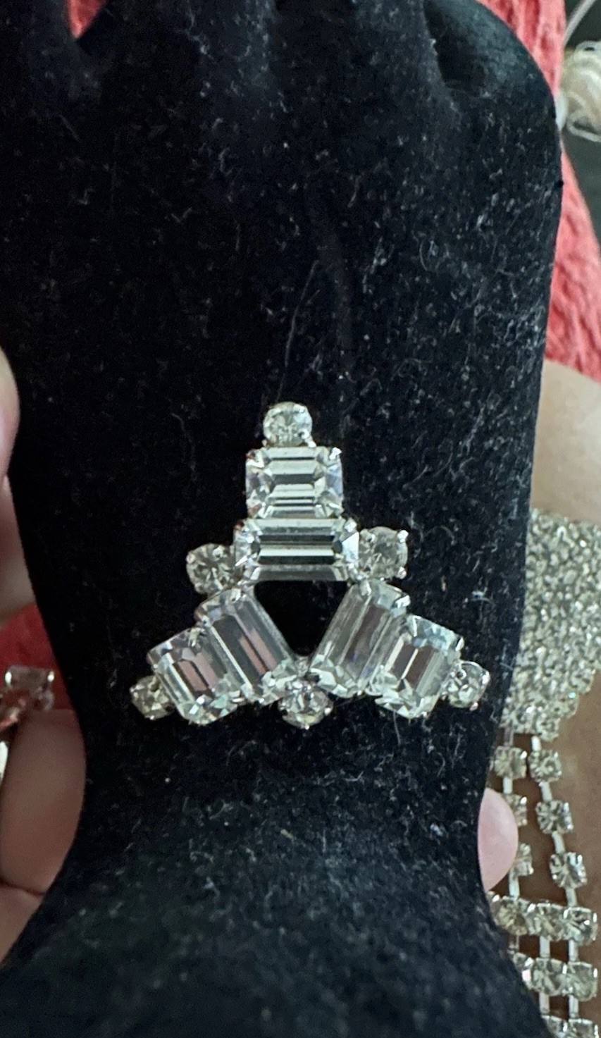 Vintage 1950s Art Deco Baguette Rhinestone Brooch Pin, Water-Clear Rhodium Plate