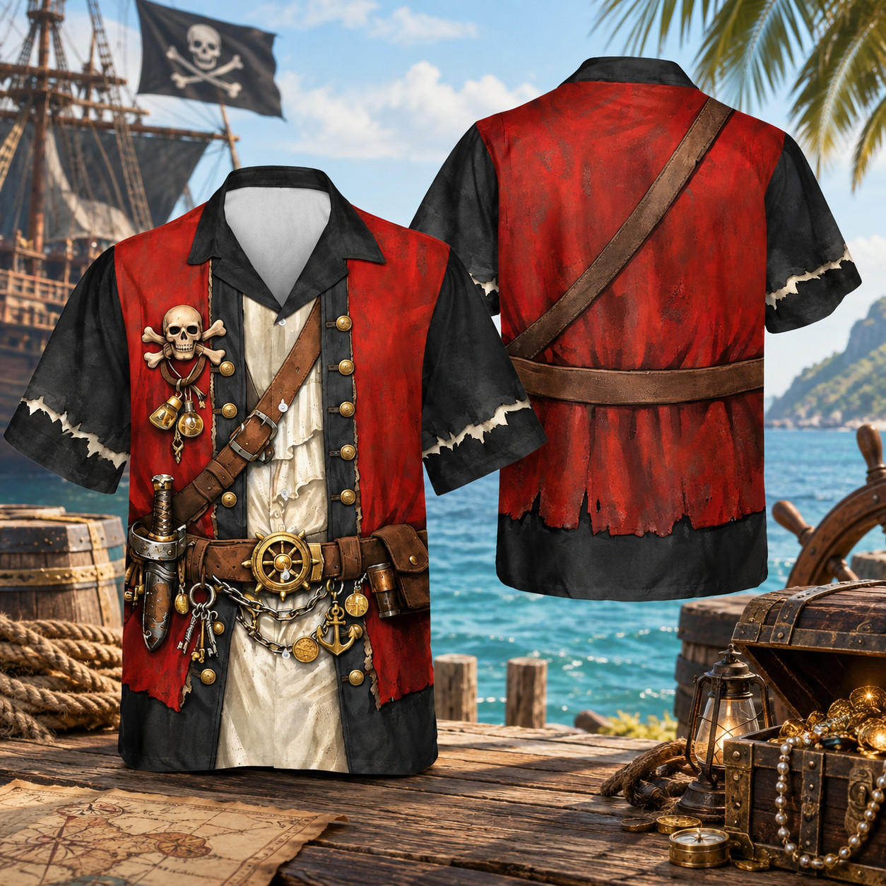Classic Pirate Costume Hawaiian Shirt, 3D Realistic Buccaneer Cosplay Aloha