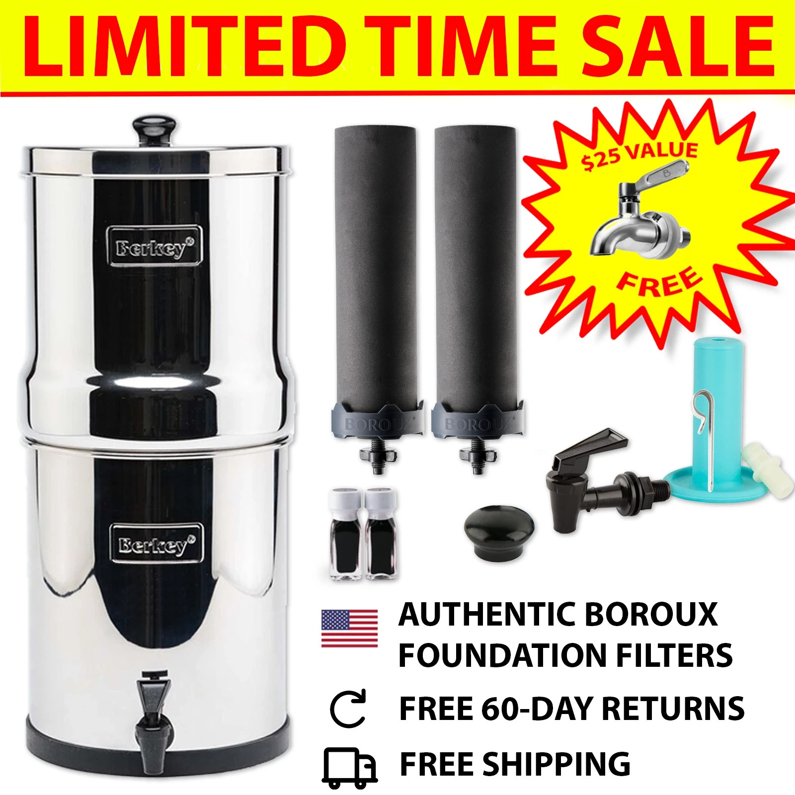 Travel Berkey 1.5 Gal Portable Gravity Water Filter w/2 Certified Boroux Filters