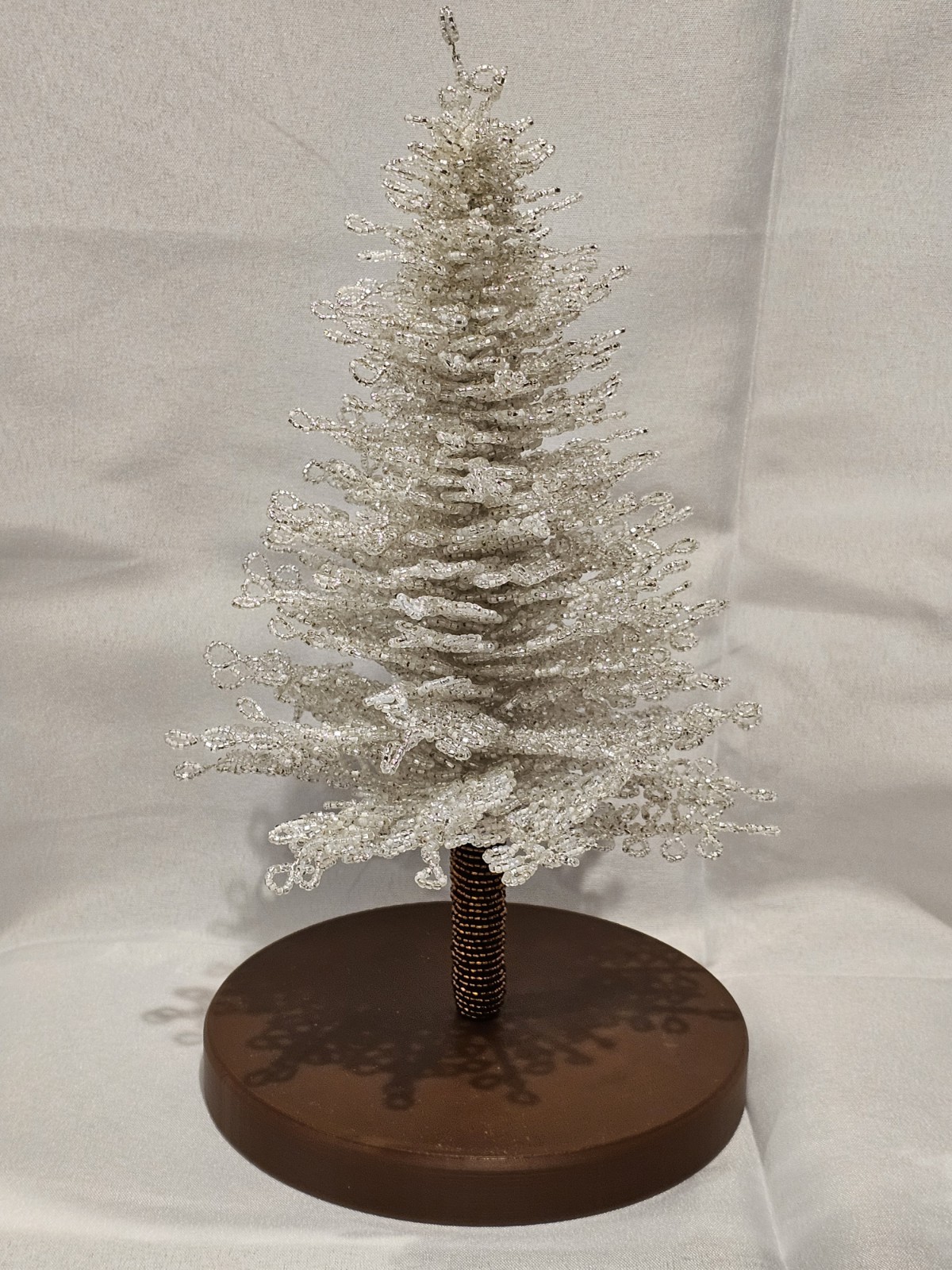 Handmade French Beaded Christmas Tree, White Beaded Tree with Base, Miniature