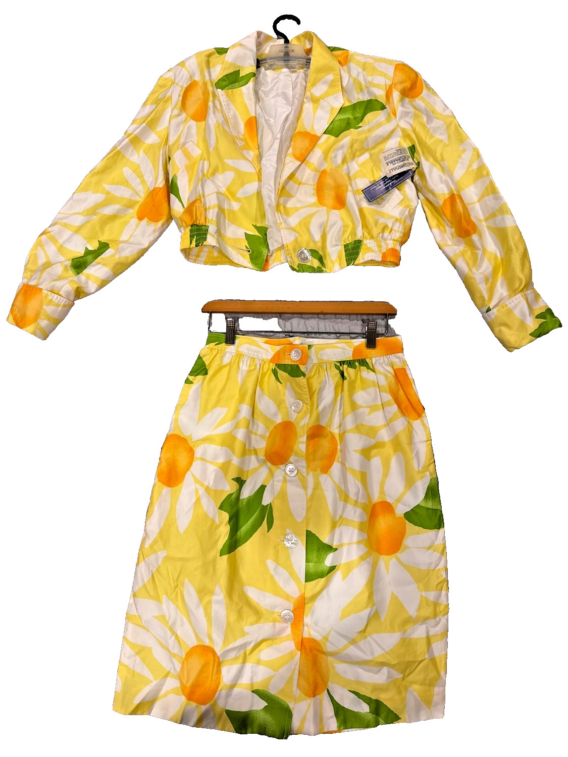 Vintage 80s 90s Charlotte Neuville Yellow Daisy Floral 2Pc Skirt Suit Sz 12 NWT