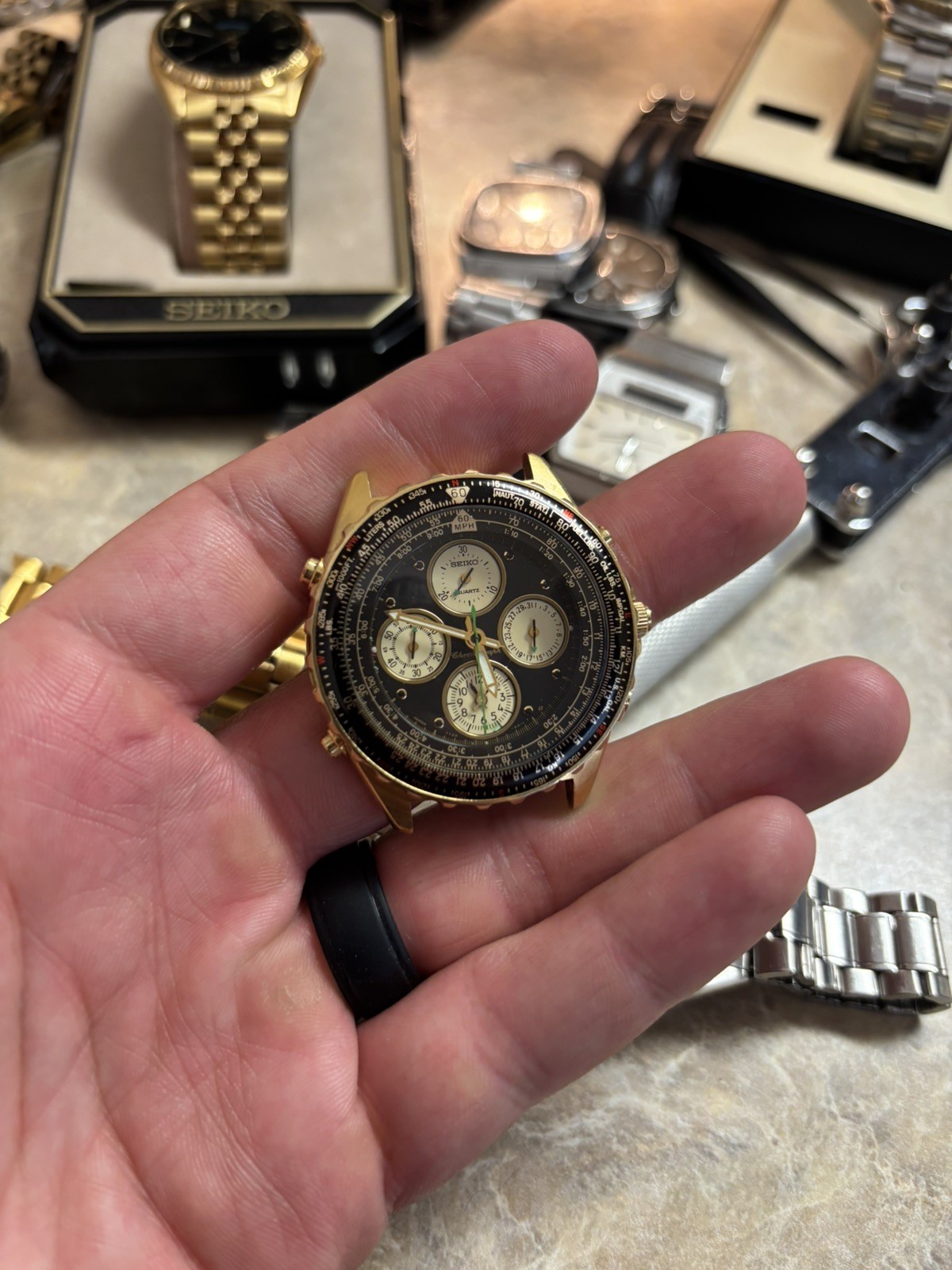 1990 Vintage Seiko Flightmaster 7T34-6A09 Gold Quartz Chronograph Men's Watch 1990 Vintage Seiko Flightmaster 7T34-6A09 Gold Quartz Chronograph Men's Watch
