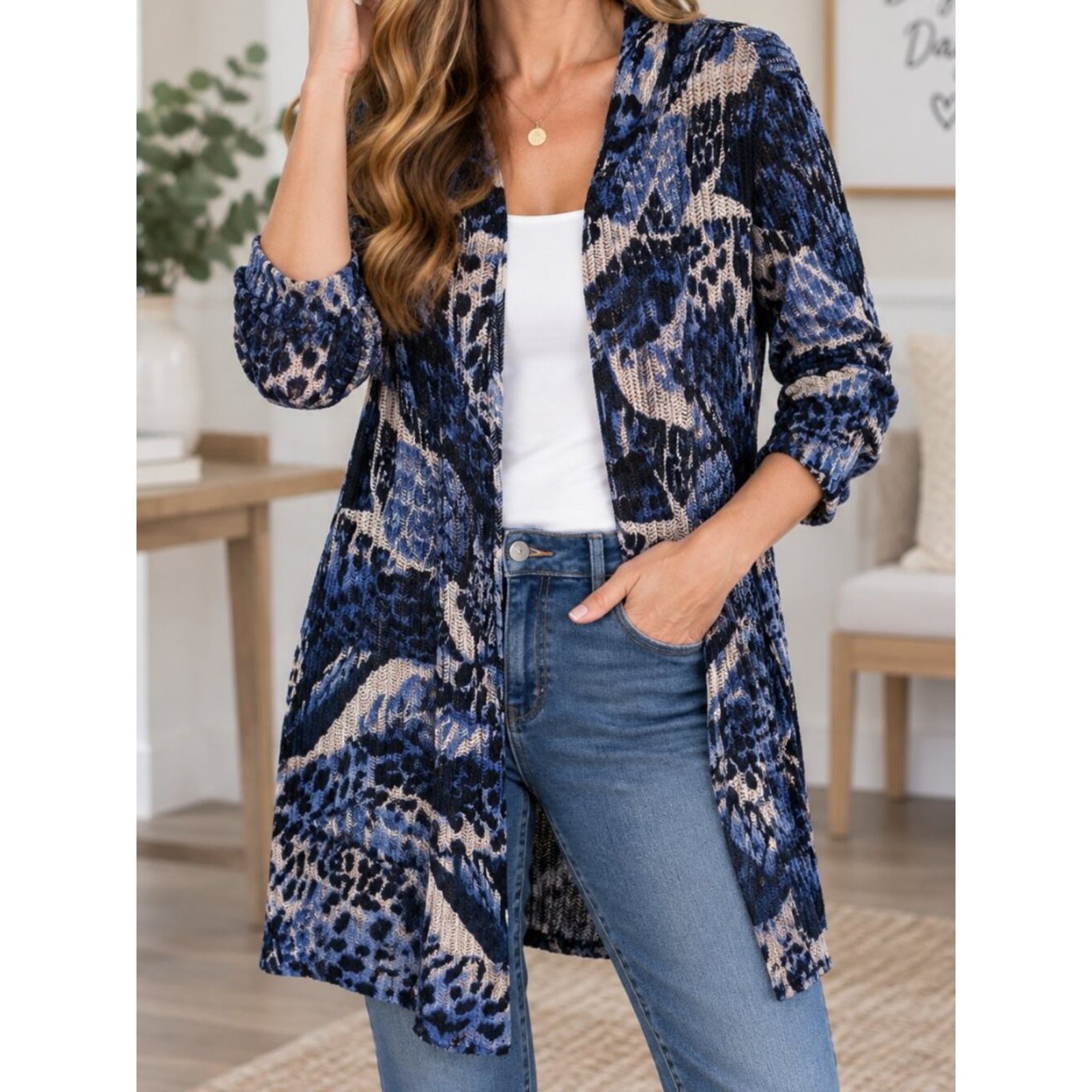 Travelers by Chicos Blue & Cream Animal Print Open Front Flowy Cardigan Top L