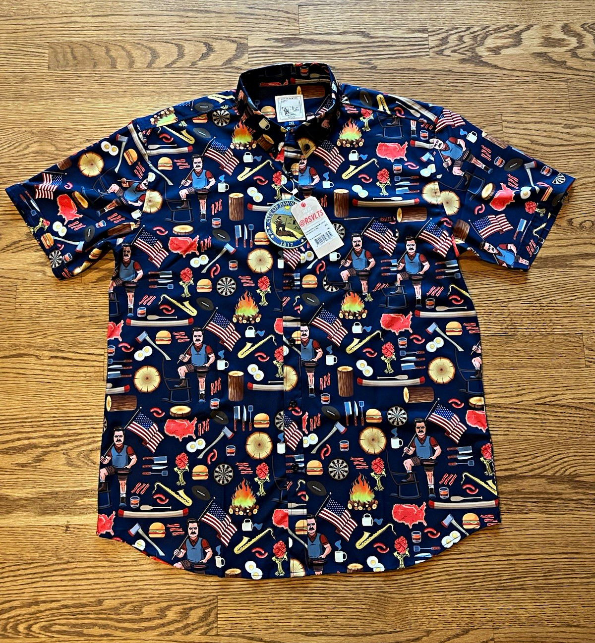 RSVLTS Ron Swanson Parks & Rec Graphic Button Up Shirt Men\'s XXL Navy NWT