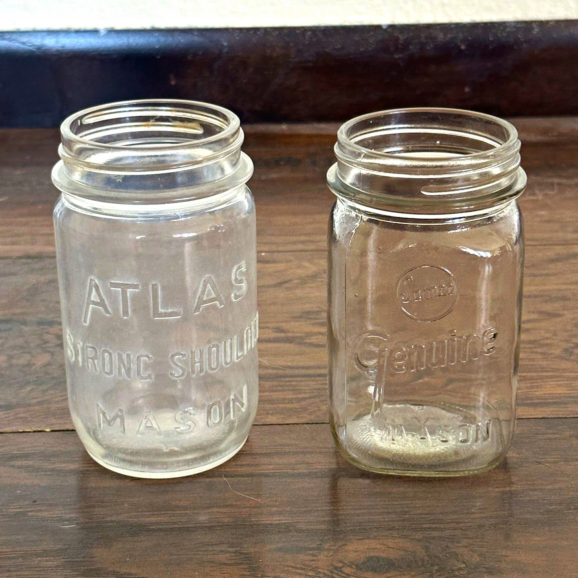 Antique Mason Jars-- Atlas Strong Shoulder & Genuine Clear Glass Lot of 2