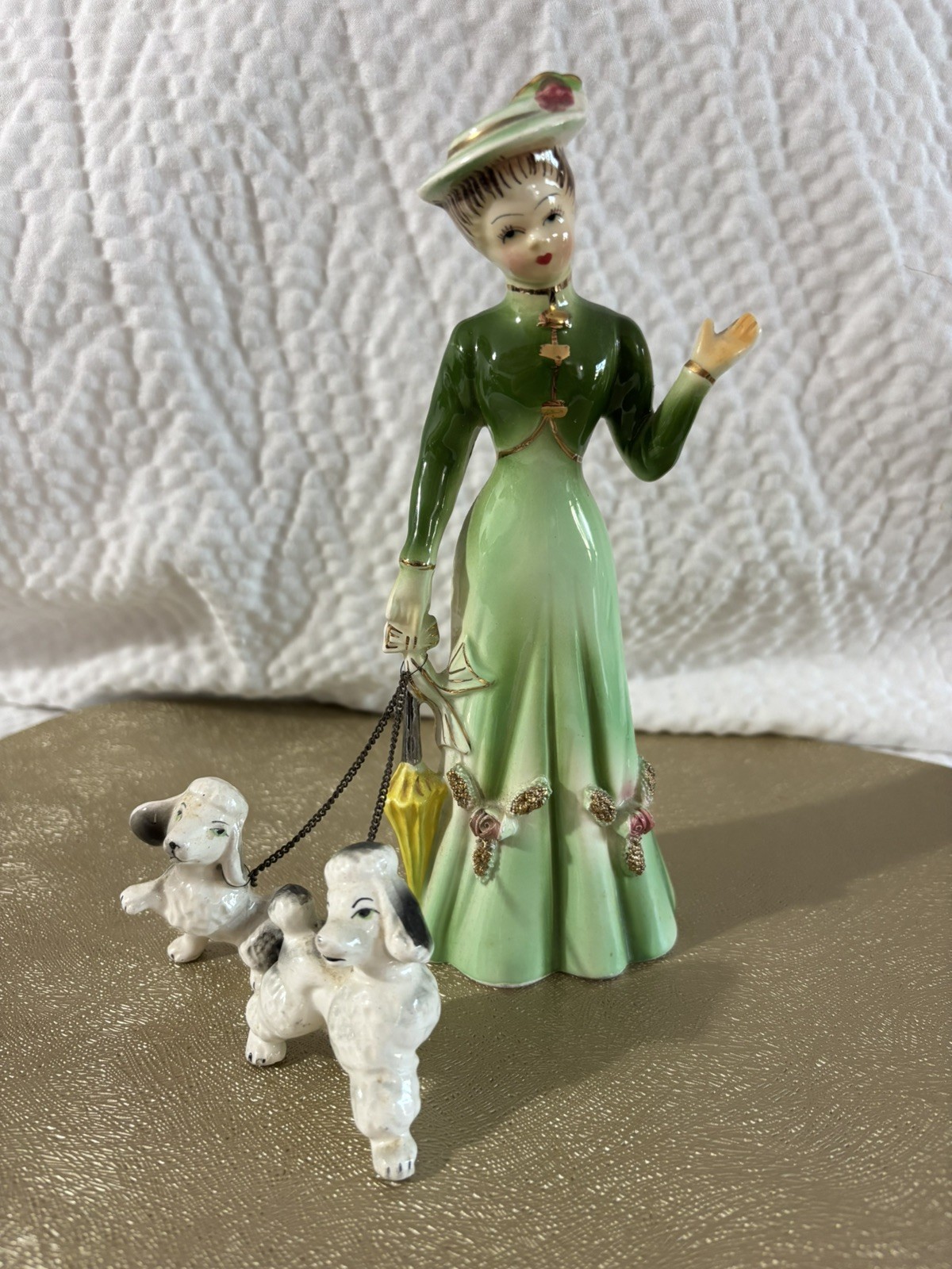 SONSCO Lady w/Two Poodles Green Dress Raised Roses & Leaves 8.25\ SONSCO Lady w/Two Poodles Green Dress Raised Roses & Leaves 8.25\