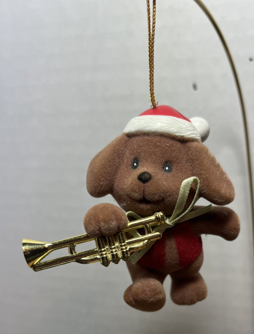 Vintage  Flocked Puppy Dog Christmas Ornament With A Trumpet