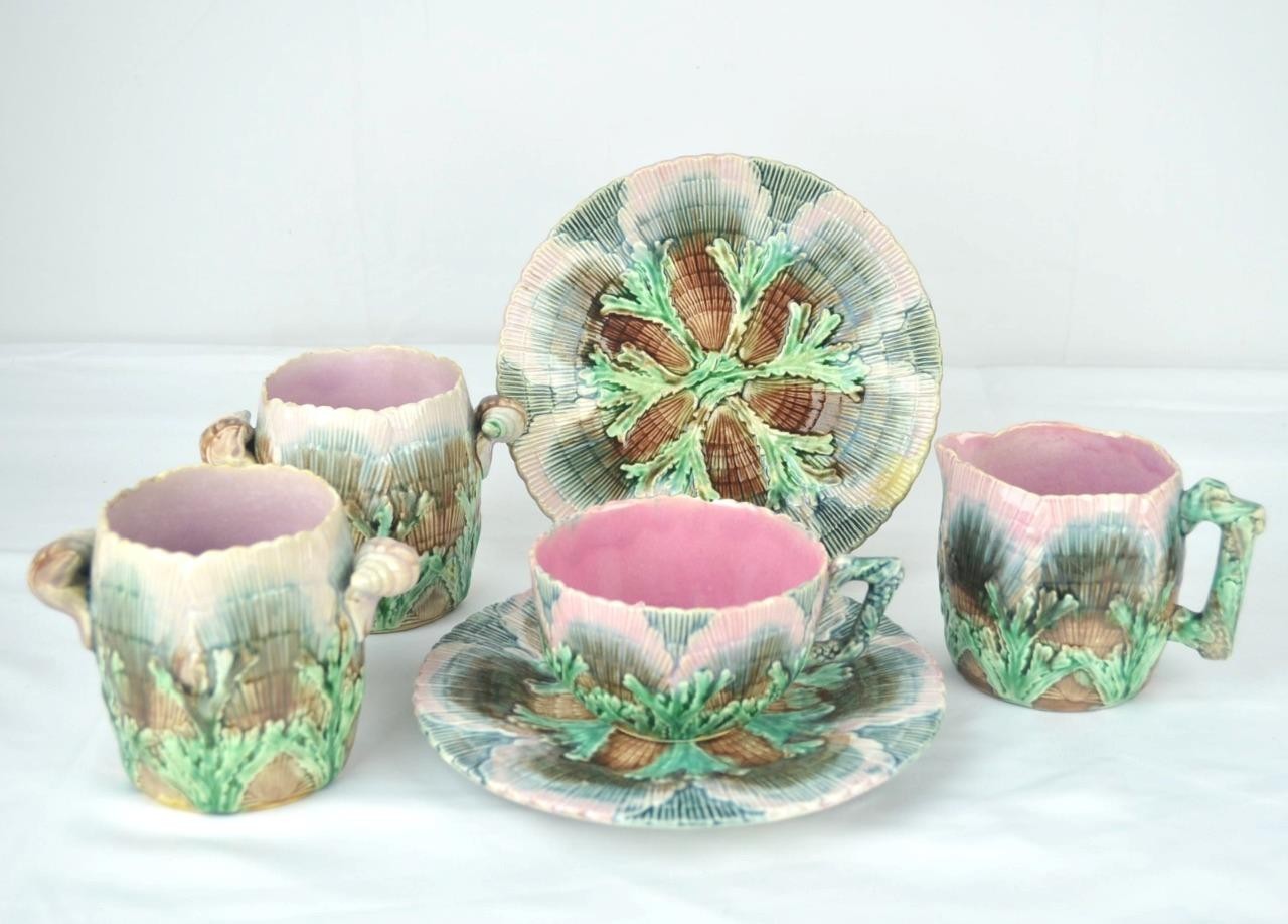 ANTIQUE c1880's MAJOLICA ETRUSCAN GRIFFEN, SMITH & HILL SHELL SEAWEED PIECES (6)