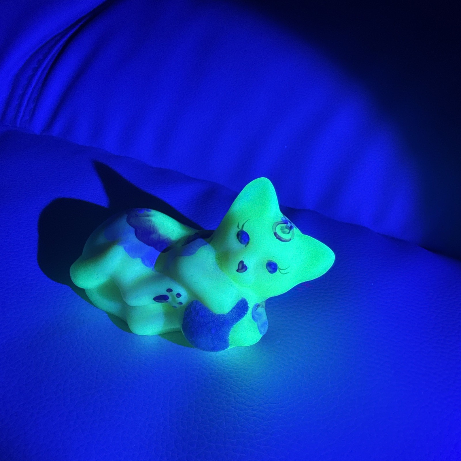 Fenton Burmese Satin Glass Cat Figurine Hand Painted Signed M Young Uranium Glow