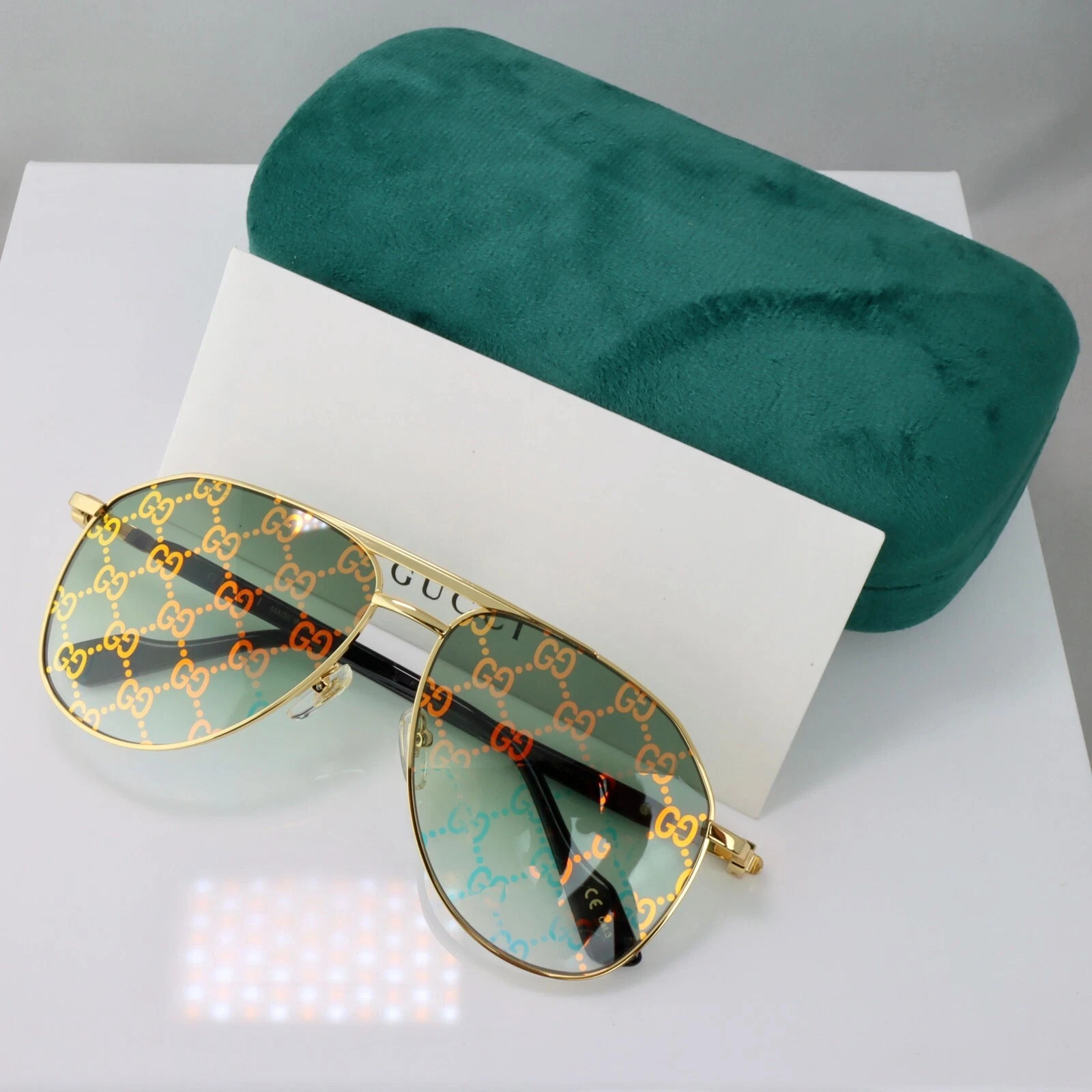 Gucci GG1220S 004 59mm Men\'s Aviator Sunglasses Gold with Green GG Logo Lens