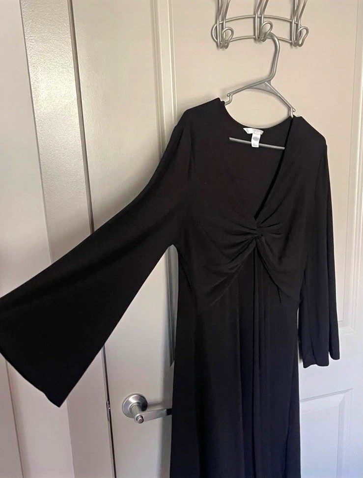 London Times Black V-Neck Ruched Bell Sleeve Fit & Flare Dress 16 Knee